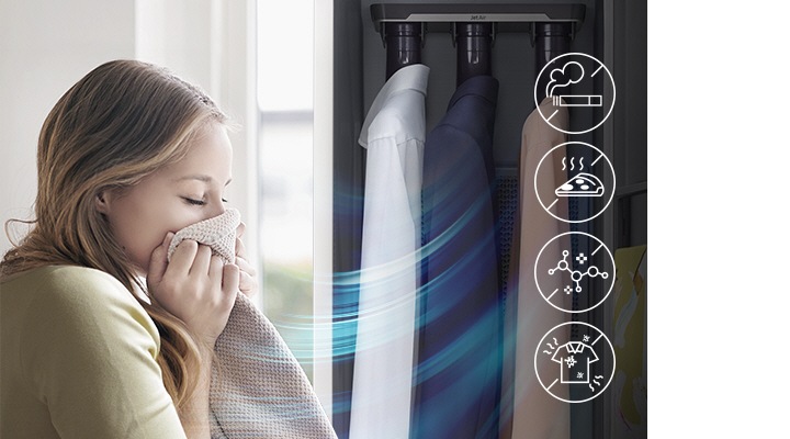 Samsung AirDresser, con filtro deodorante, elimina l’odore di sudore e tabacco dai vestiti, mantenendo i capi freschi e puliti. Filtro Deodorante