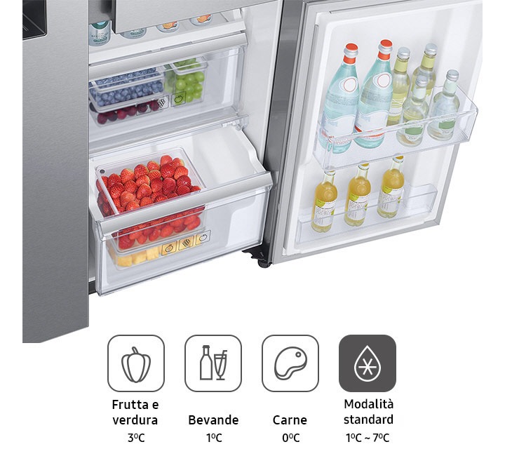La tecnologia Cool Select Plus garantisce la temperatura ottimale di 3 °C per la conservazione di frutta e verdura.