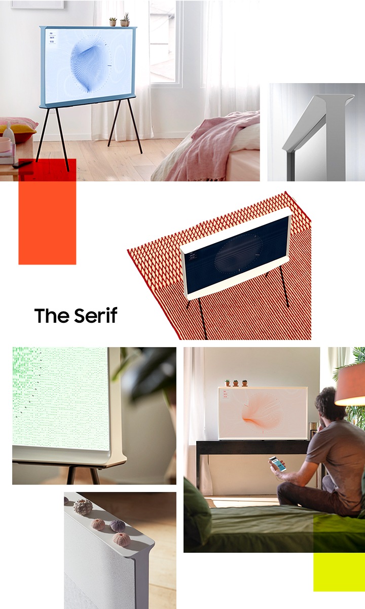 Un modello Cotton Blue di The Serif, posizionato su un supporto nero, si trova al centro di una luminosa e ariosa camera da letto. A lato dell’immagine, il primo piano di un modello Cloud White mostra l’iconico profilo a “I”. Sotto, un altro modello Cloud White di The Serif su un supporto nero è ripreso dall’alto su un tappeto rosso. Ancora più sotto, sulla sinistra, un primo piano di un modello Cloud White mostra l’orologio della funzione Ambient Mode su uno schermo bianco e verde. Sulla destra, un uomo seduto sul divano in salotto tiene in mano un cellulare e guarda un modello Cloud White di The Serif posizionato, senza supporto, su una consolle. Infine, un dettaglio dell’angolo superiore di un modello Cloud White con dei piccoli oggetti posizionati sopra.