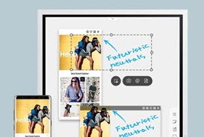 There's a Flip screen and 1 mobile phone. The image on the mobile phone is morrored to Flip screen. In the Flip screen, the feature shows "selection tool" that crops the image, move and paste images for the contents to be modified freely.