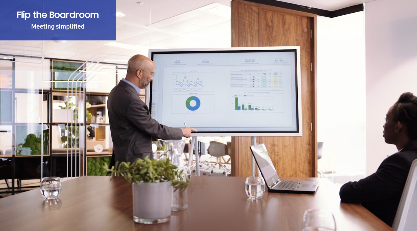 Samsung Flip 2 supports seamless teamwork in the boardroom. A man is changing Flip 2 to landscape mode and doing a presentation by swiping and pointing out the slide. The people in front of him listen to him very carefully.