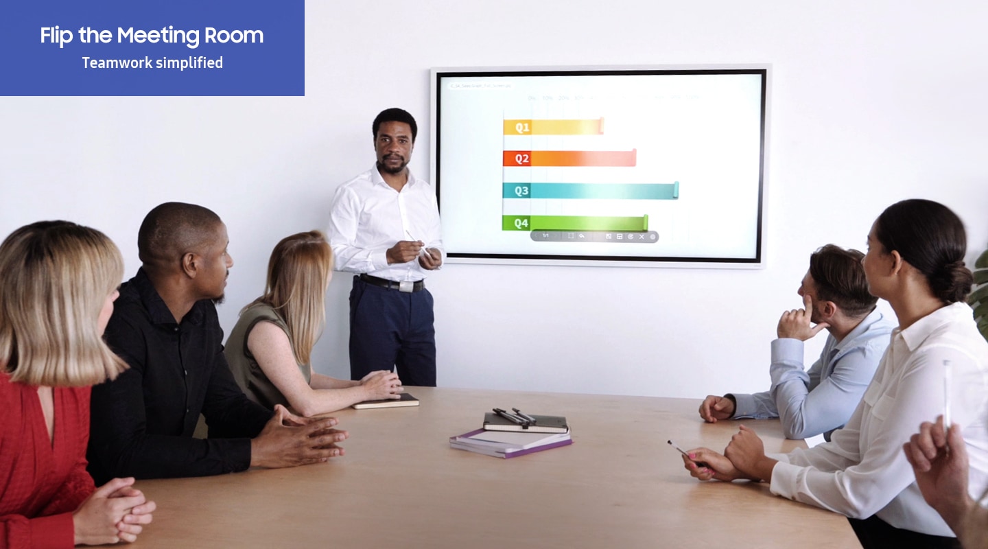 In the meeting room, Samsung Flip 2 lets people share ideas and discuss topics each other conveniently. The people are discussing and sharing ideas each other with Flip 2 in the meeting room by simply importing the ppt slide and writing something.