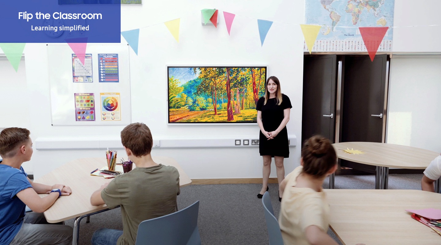 In the class room, Samsung Flip 2 can be a good tool for education. A teacher gives a lecture to children using Flip 2 product with Flip 2 pen on her hand. The children draw and paint something on the board at the same time with a variety of tools.