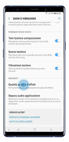 Modifiche qualità audio ed effetti Note9