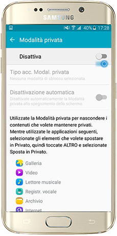 Cursore di attivazione della Modalità privata