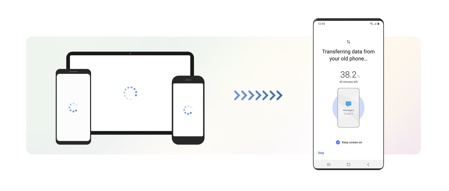 On the left, a Galaxy smartphone, Galaxy tablet, and iphone show the loading symbol on their screens. Arrows directed toward the new Galaxy device on the right indicate that data is being transferred. The interface of the Galaxy device shows Smart Switch copying data from the old device, with progress indicated in percentage and minutes remaining.