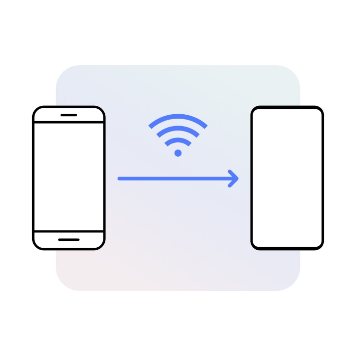 Two device icons are shown side-by-side with an arrow between them going from the left to the right device. Above the arrow is a WiFi symbol. The left Galaxy seems like an older model and the right seems like a newer model.