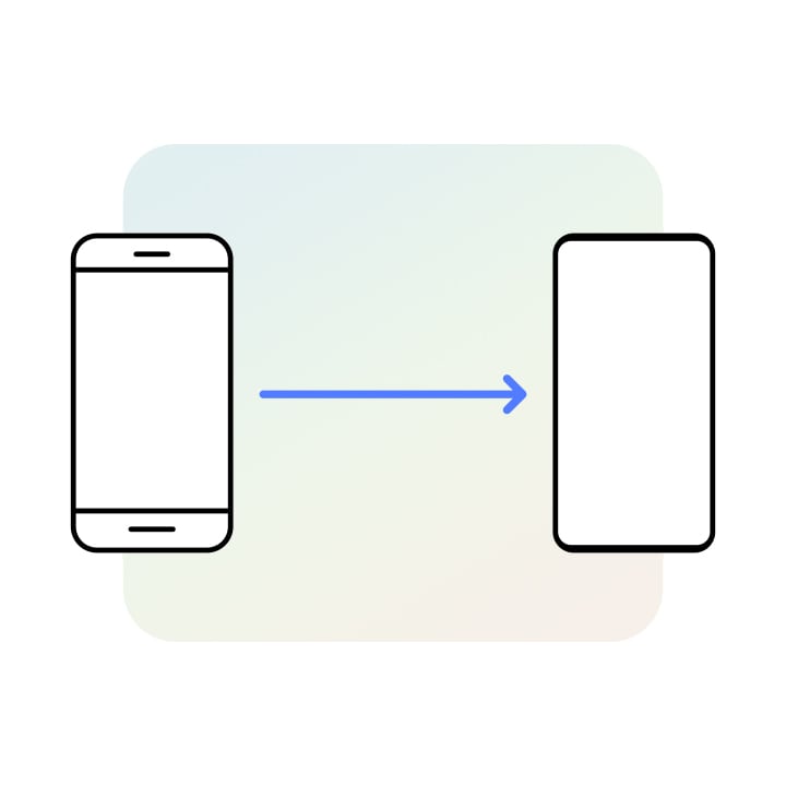Two device icons are shown side-by-side with an arrow between them going from the left to the right device. The left Galaxy seems like an older model and the right seems like a newer model.
