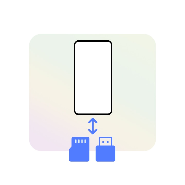 A Galaxy device icon is placed at the center. Below the Galaxy are two icons of micro USB and a USB storage devices. Between them is a two-headed arrow that represents data going back and forth the Galaxy and storage devices.