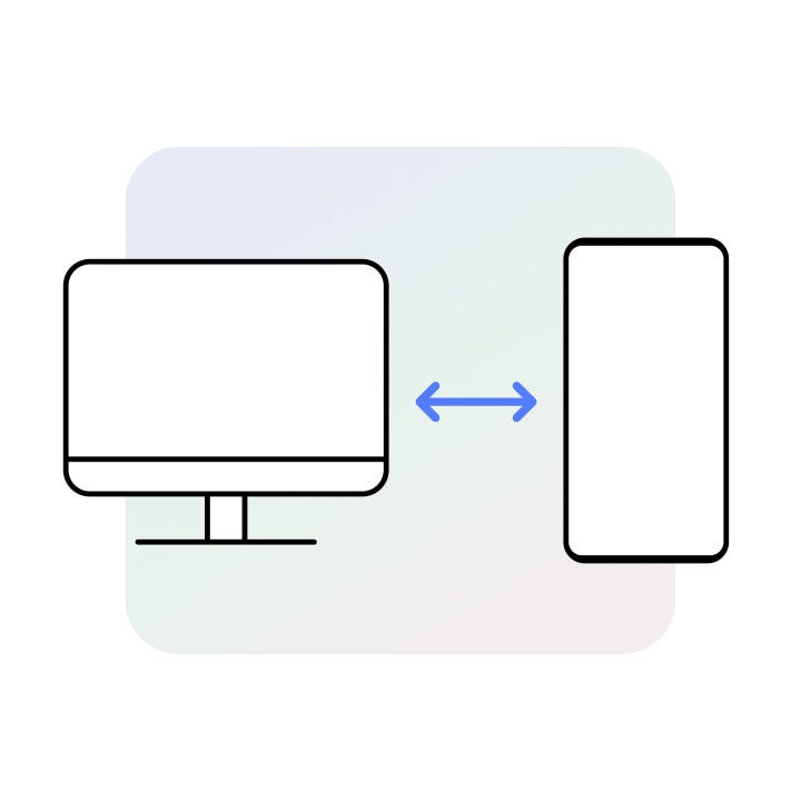 A PC device icon is placed on the left and a Galaxy device icon is on the right. Between them is a two-headed arrow.