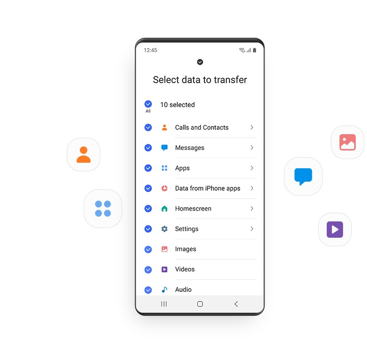 A GUI shows various categories of content that can be selected or unselected for transfer. The Galaxy device is surrounded by app icons.