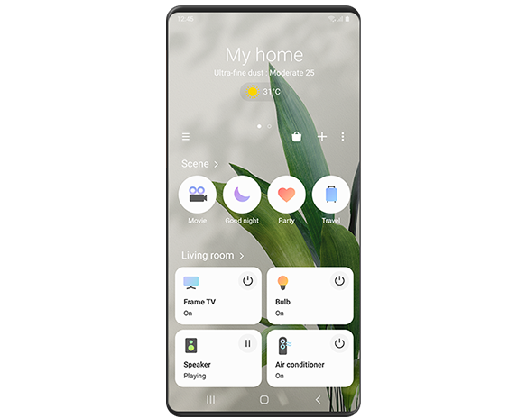 A Galaxy screen shows the SmartThings GUI with the option to set a "Movie mode" scene and adjust the TV, lights, and air purifier in the living room.