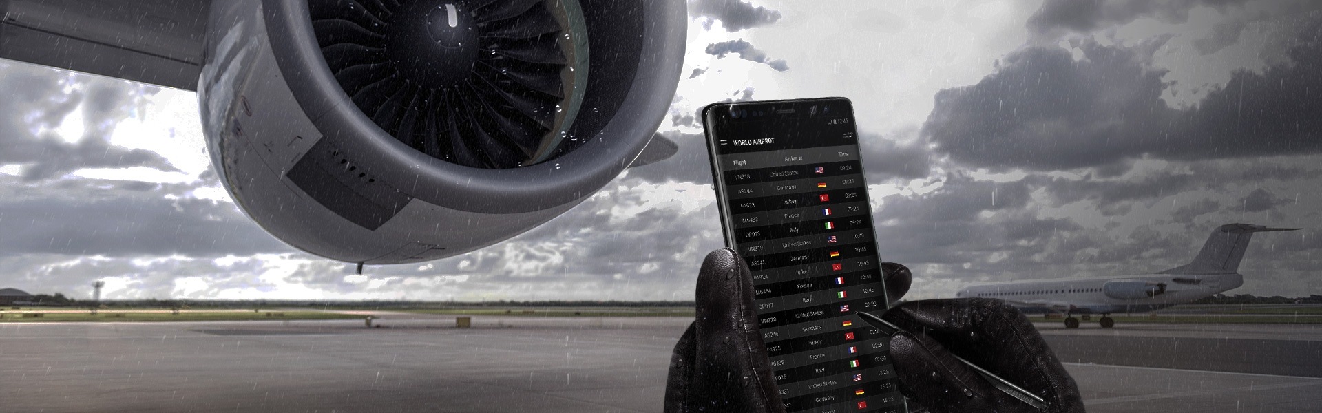 На изображении показан человек, пользующийся Galaxy Note8 под дождем рядом с двигателем самолета