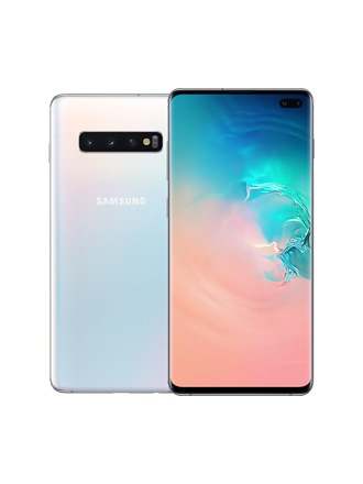 Задняя сторона смартфона Galaxy S10+ в цвете "АУРА" на заднем плане и выступающая над ним передняя часть Galaxy S10 в цвете "Оникс"
