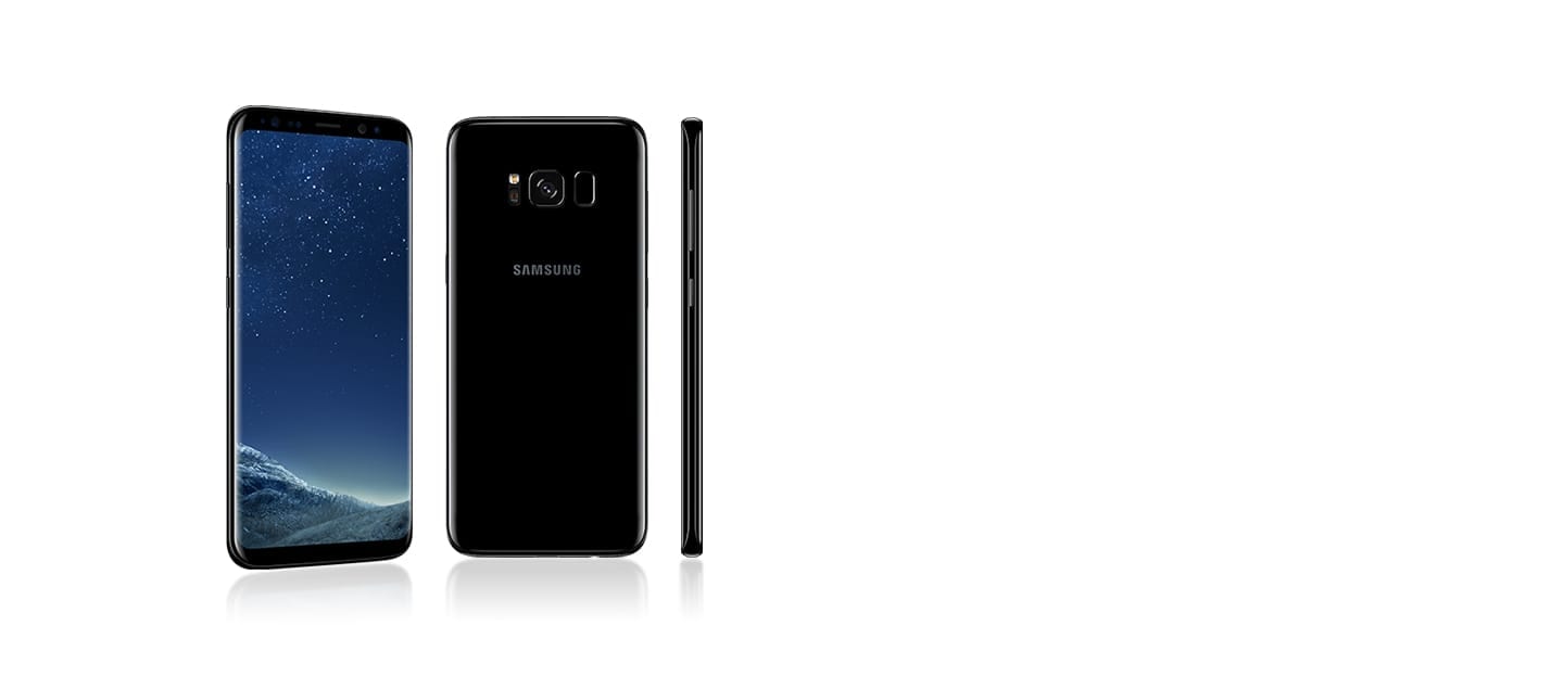 Three Galaxy S8 plus phones, one seen from the volume button side at a three-quarter angle with a graphic wallpaper onscreen, one seen from the rear, and one seen from the side
