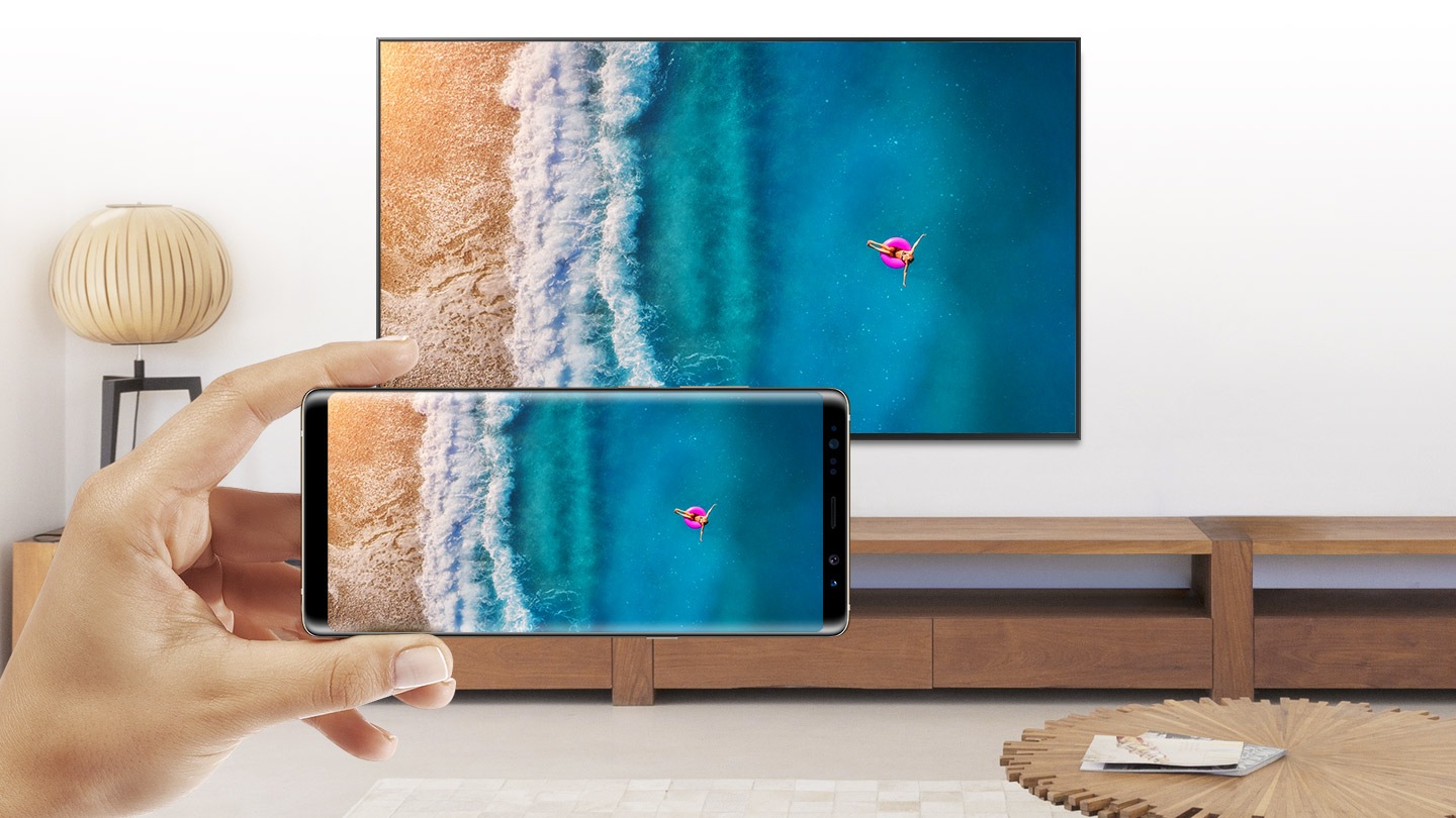Mobile Phone and Smart TV sharing a same screen; photo of parents and a child.