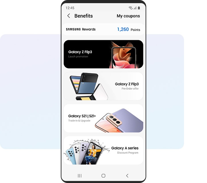 Un teléfono inteligente Galaxy muestra la página Beneficios en la aplicación Samsung Members.
