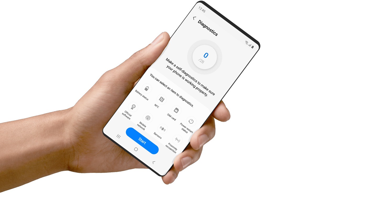 Un teléfono inteligente Galaxy muestra la página Diagnóstico en la aplicación Samsung Members.