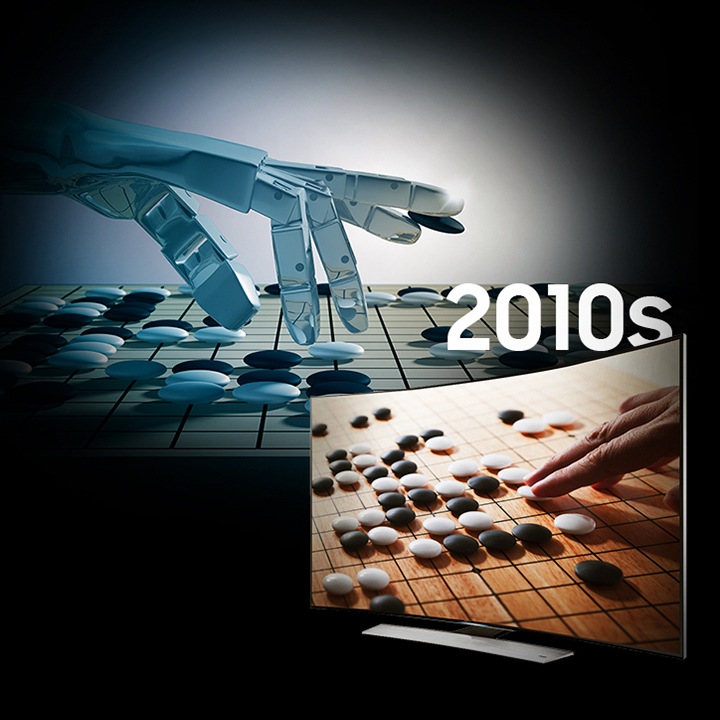 Imagen de fondo de una mano de robot jugando un juego de Go, junto a la era de 2010 con una pantalla de televisión curva que muestra un tablero de Go con la mano de una persona preparada para hacer un movimiento.