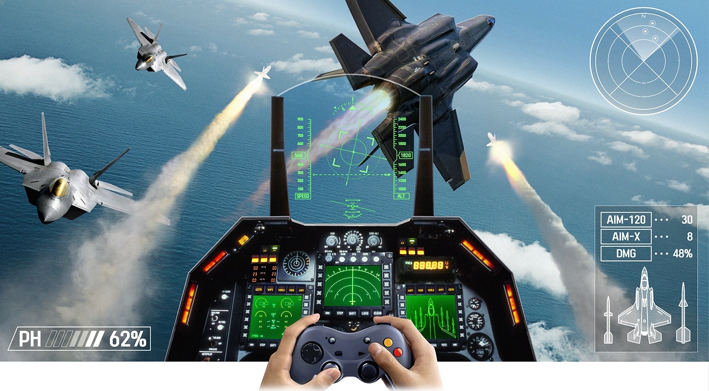 An user is enjoying a flight simulation game with a controller on Samsung Super Big TV. The immersive screen is so big that the game can be more realistic so the user seems to sit in a real cockpit of a jet.