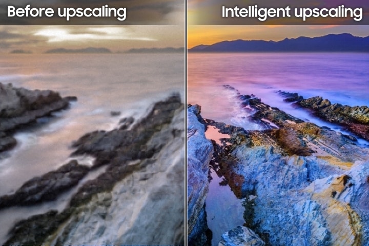 A comparison of the detail before and after the Intelligent Upscaling. The right side of the screen is the enhanced detail on Samsung Super Big TV.