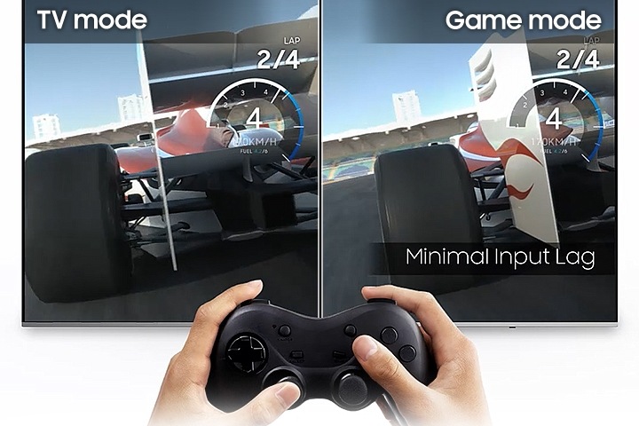 A comparison of Samsung Super Big TV's input lag in Game mode and TV mode. The right side of the screen is the Game mode and it has less input lag.