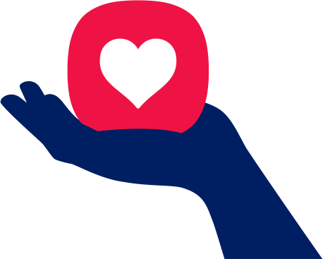 El icono de cuidado con un símbolo de corazón sobre la silueta de una mano con la palma abierta.