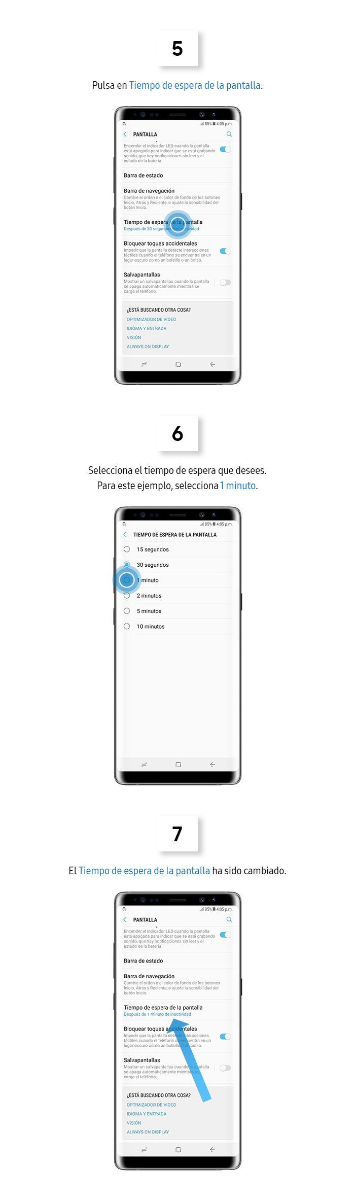 ¿Cómo cambio el tiempo de espera de la pantalla?