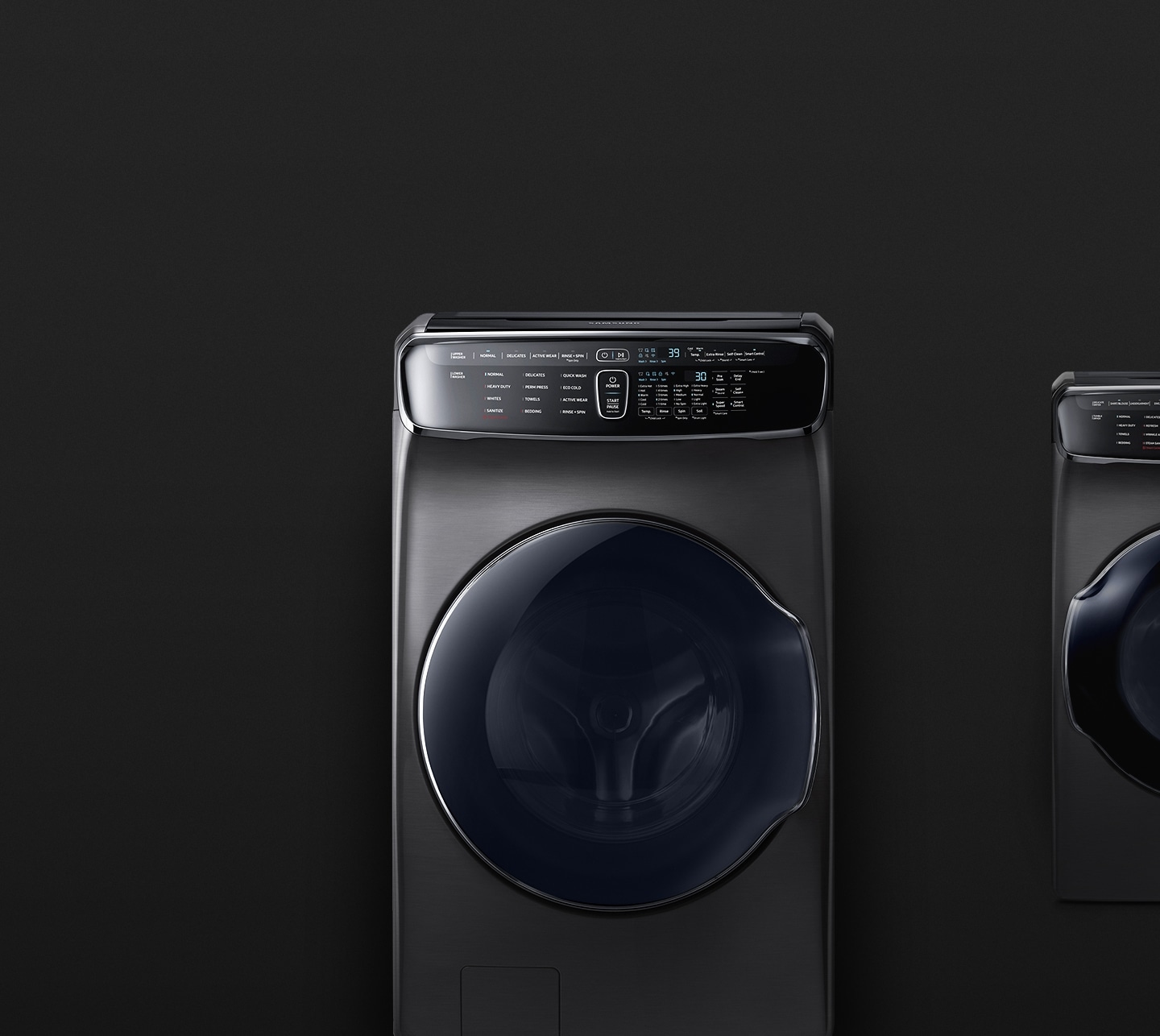 An image showing the FlexWash™, set in the middle with a laundry basket moving on the left.