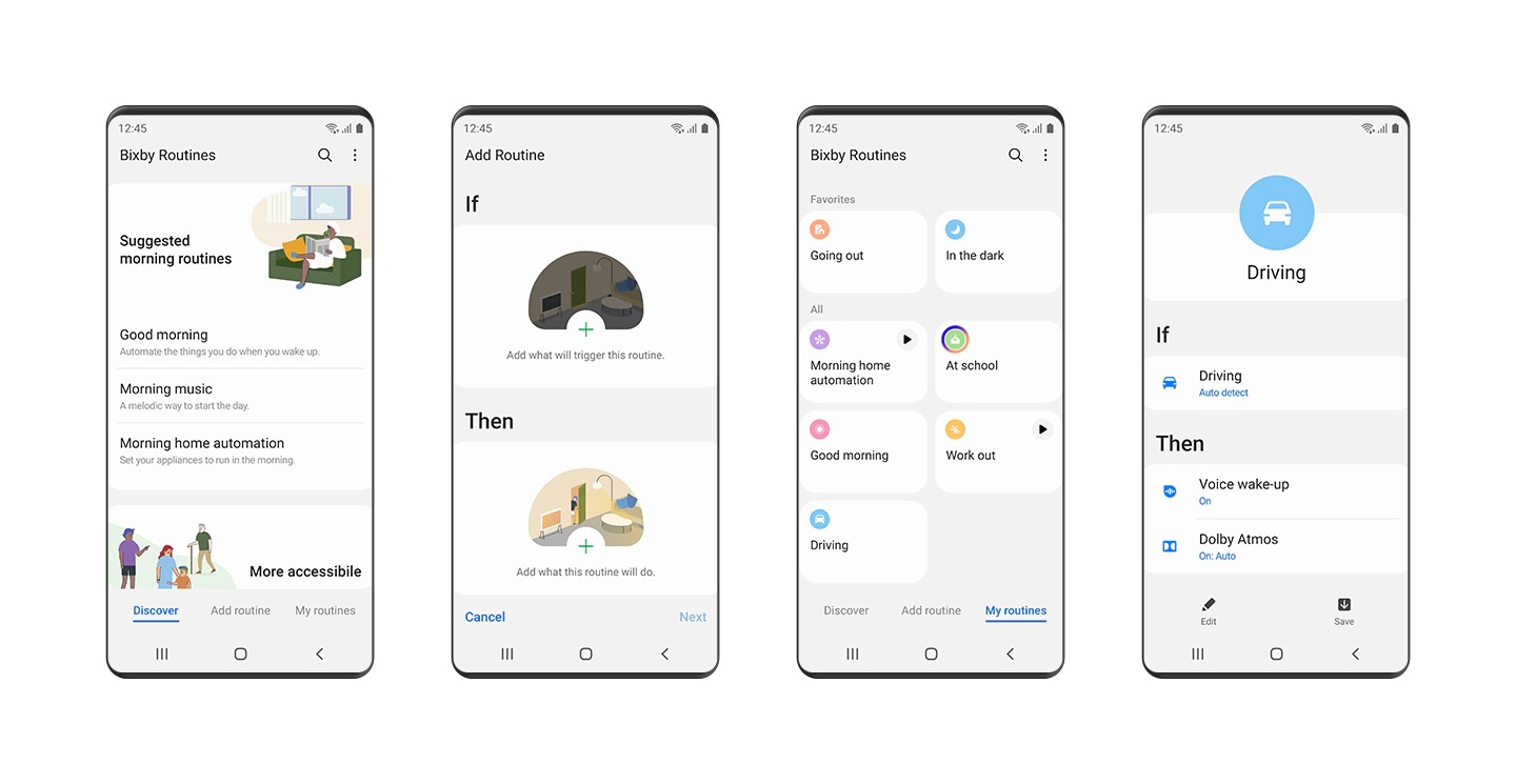 Four smartphones are shown. First smartphone displays the "Discover" tab of Bixby Routines. Second smartphone displays the "Add Routine" "If-Then" sequence screen. Third smartphone displays the "My routines" tab with seven routines saved. Two routines are shown in the "Favorites" category; the other five routines are showing in the "All" category. Fourth smartphone displays the "Driving" routine's "If-Then" sequence.