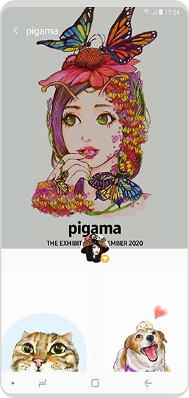 Butterfly girl with flowers, staring cat, and dog with cute round dumpling on head drawings are shown.
