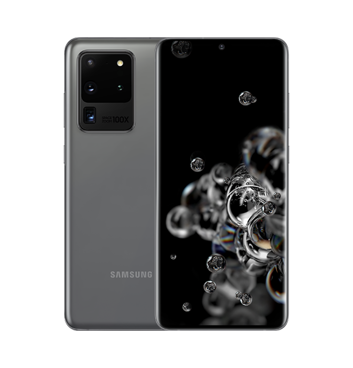 Two Galaxy S20 Ultra phones in Cosmic Grey, one seen from the rear and the other seen from the front with the bubble graphic wallpaper onscreen.