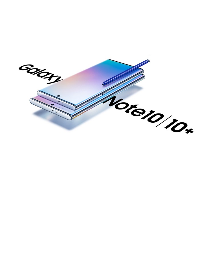 Galaxy Note10 laying on top of Galaxy Note10 plus, both laying on their back at an angle with a blue S Pen laying on top of Galaxy Note10. Each phone has a gradient graphic onscreen and other side of the phones is the text Galaxy Note10 | Note10 plus.