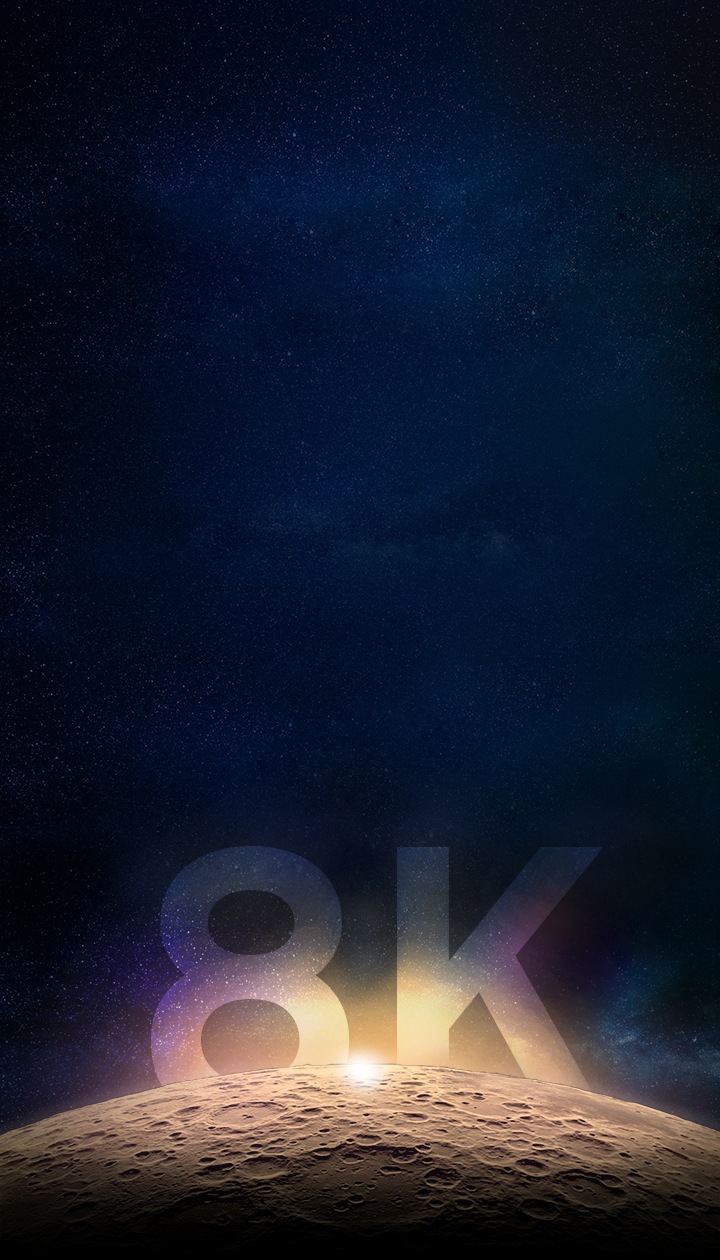 Surface of moon with a sun burst behind it, and the number and letter 8K with a background of stars. Plus, upper right 'QLED 8K' logo.