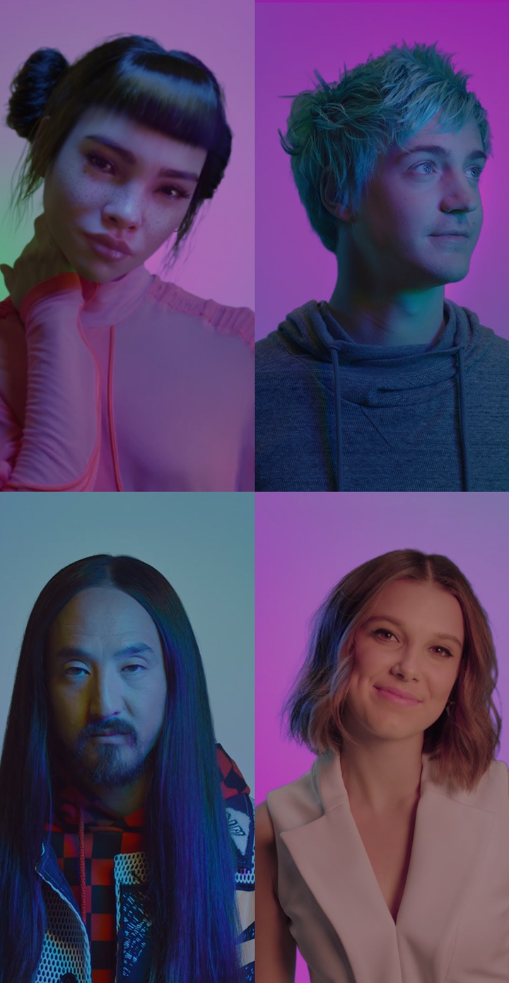 #TeamGalaxy group photo featuring (LTR): Lil' Miquela, Ninja, Steve Aoki and Millie Bobby Brown.