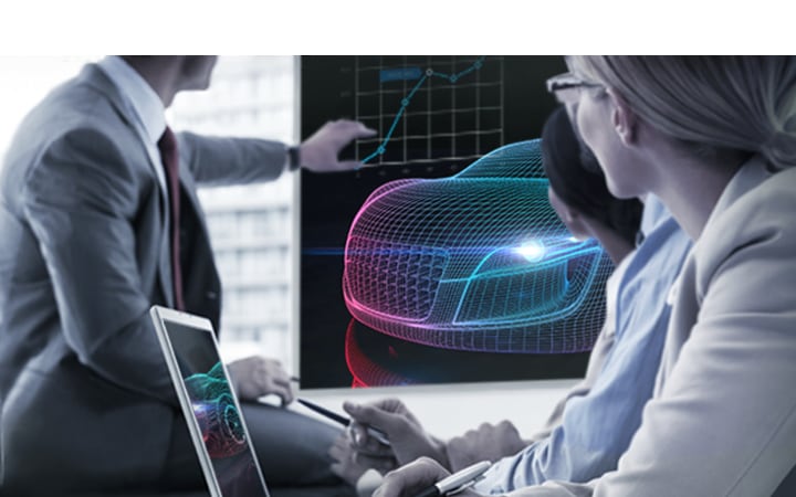 Samsung LEDs several co-workers having a discussion over the automotive simulation design