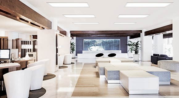 Samsung LEDs an empty modern library lighted up with bright white lights inside