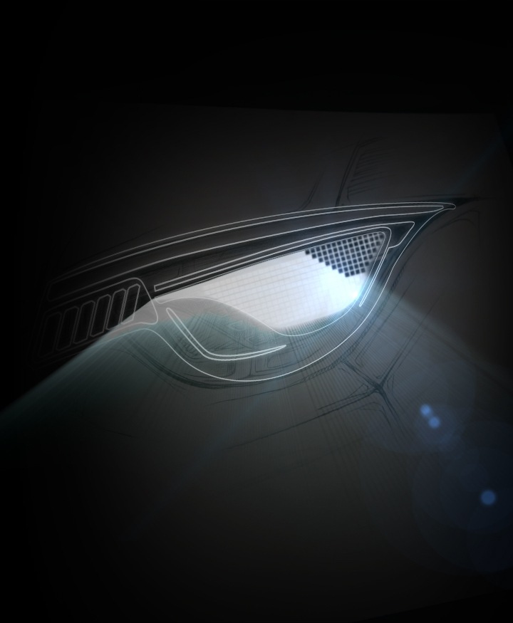 Samsung LEDs an enlarged image of the illuminated headlamp on the black car