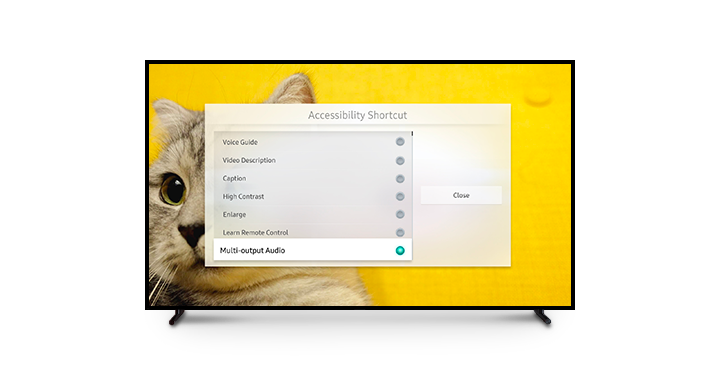 The Multi-output Audio function is highlighted in the Accessibility Shortcut screen.