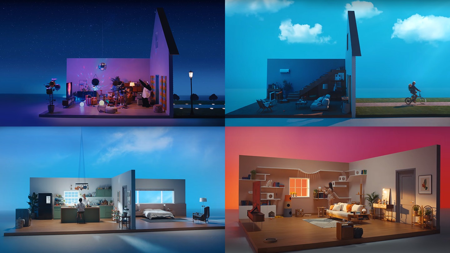 A video shows the various benefits of SmartThings with 4 different stories. A couple wakes up to an automated routine that turns on the kettle. The text "Good Morning automated at 7am" appears. The man starts his laundry from the kitchen using his smartphone. The text "Start the washing machine with Smart Control" appears. The woman is still sleeping when the automated blinds open. The text "Wake Up automated at 9am" appears. On their smart fridge screen, a laundry notification appears with the text "Cycle completed". Another man is leaving the house with his dog. The text "No motion detected in the house" appears and the SmartThings Motion Sensor turns off all devices. He receives a notification on his phone and the text "Get notified when devices turn off" appears. A woman at work gets a notification on her phone and the text "Get notified when noise is detected" appears. She checks the "SmartThings Cam" with her phone and sees that it is her cat. Last, 3 women walk into a house and the text "Automate lights to turn on when you get home" appears. Once inside, one woman selects a SmartThings scene on her phone and the text "Turn on Party Mode in a flash" appears. Lights and music turn on, another friend arrives, and the text "Stay connected, make life effortless" appears.