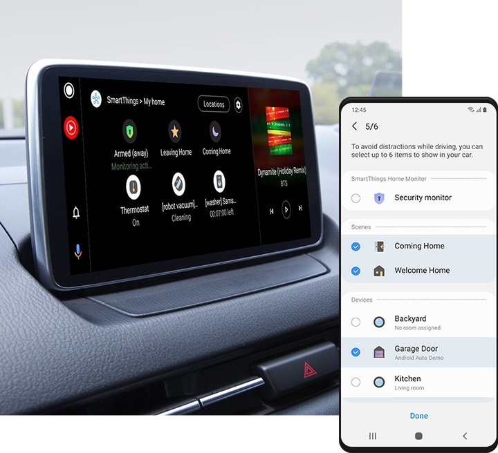 On the left, an image of a car infotainment system connected to SmartThings and showing the "My Home" menu. To the right, a Galaxy smartphone shows the Android Auto settings page with various command options. The "Security monitor" command under "SmartThings Home Monitor" is disabled. "Coming Home," and "Welcome Home" commands are enabled under "Scenes." Out of "Backyard," "Garage Door," and "Kitchen" options under "Devices," only the "Garage Door" option is enabled.