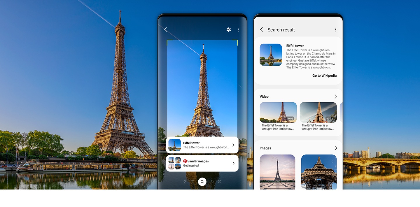 Bixby Vision recognizes the Eiffel Tower and a list of detected images is shown on the phone.