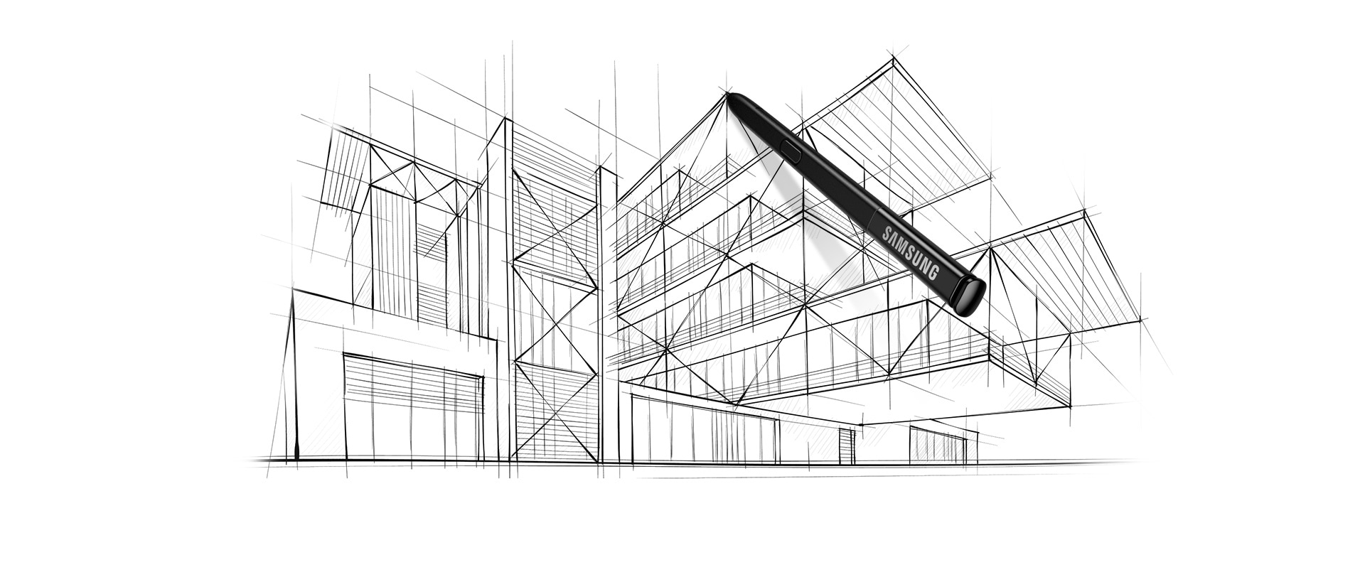 Image of a S Pen over an architectural line drawing.
