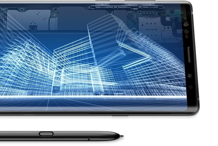 "Galaxy Note9 in landscape mode with a blueprint onscreen with a gradient of transparency showing hardware near the top. S Pen is laying in front of the device "
