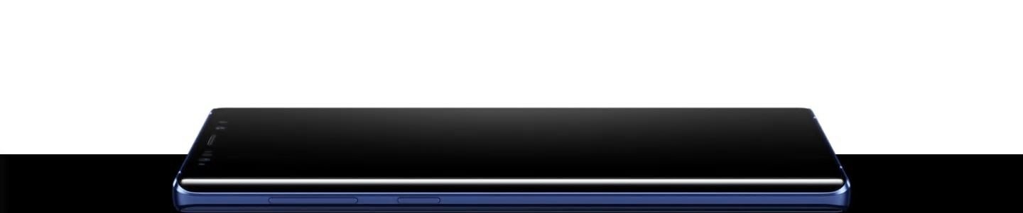 Ocean Blue Galaxy Note9 laying screen-up, seen from the left side