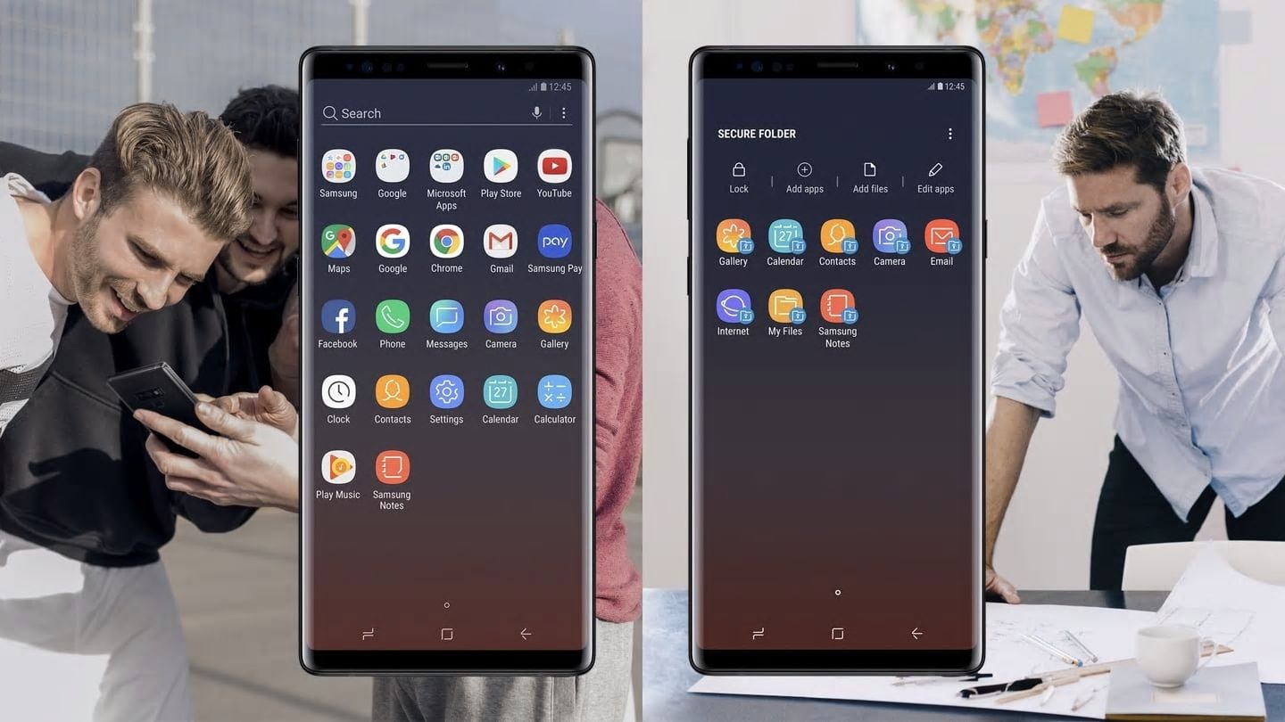 Two Galaxy Note9 phones side by side, one displaying the apps screen and the other displaying the Secure Folder apps screen