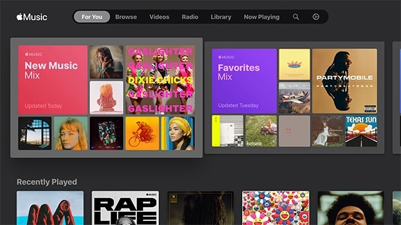 The For You GUI showing a New Music Mix and Favorites Mix section.