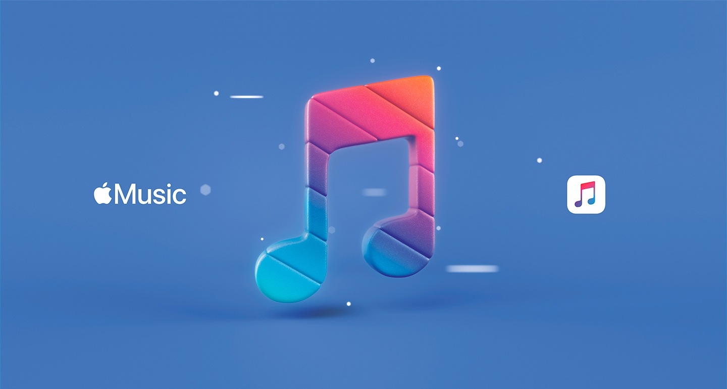 Three different Apple Music logos on a blue background. Apple Music's music note logo in the middle is enlarged in 3D.