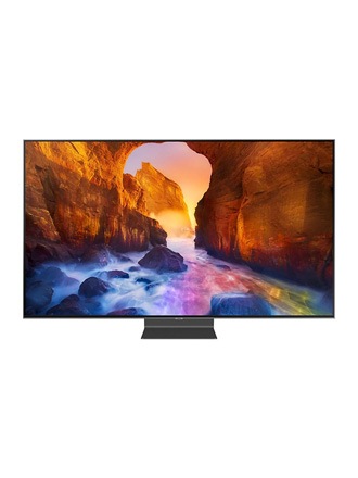 A front view of silver Samsung QLED TV on a stand with red, green, orange, and purple colored feather image applied as on screen image.