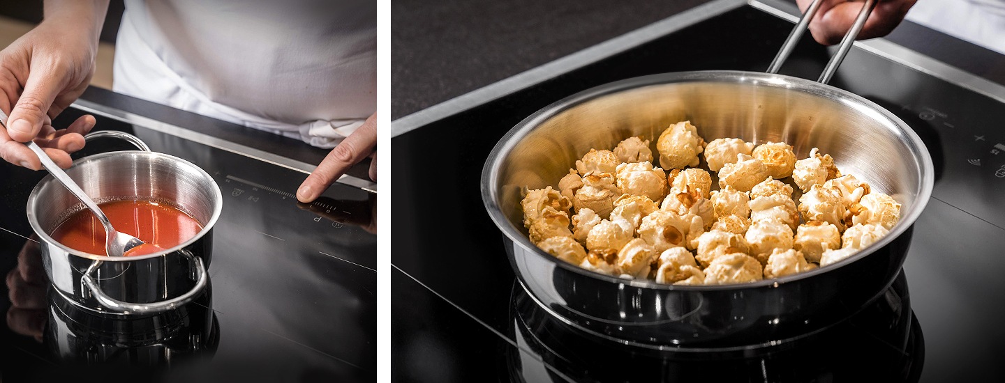Chef is making the tomato coulis and the popcorn by using virtual flame from the Samsung induction hob.